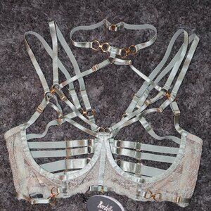 Bordelle Cymatic Ouvert Wire Bra Open Bra Sage green 24k gold L Large NWT gold